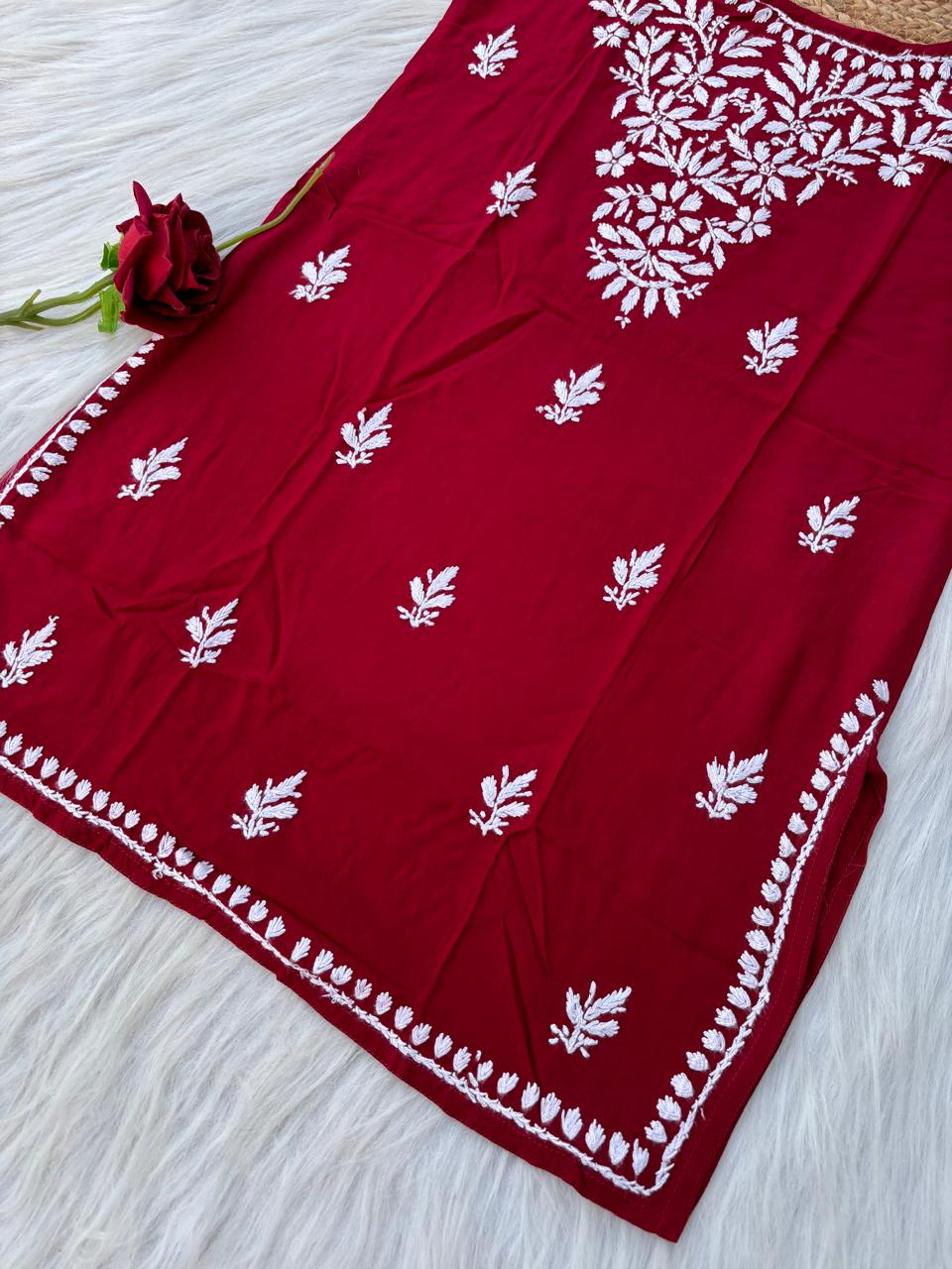Ayla Rayon Handwork Chikankari Noodle Strap Short Kurti - Maroon Colour