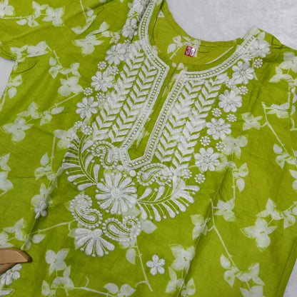 Mulmul Cotton Chikankari Machine Work Kurti - Parrot Green Colour