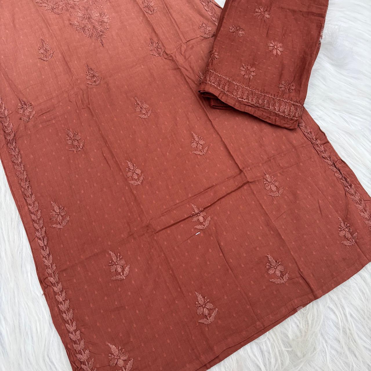 Nuha Dobby cotton Ombre shaded Lucknowi Chikankari Kurti Plazo Set - Brown Colour