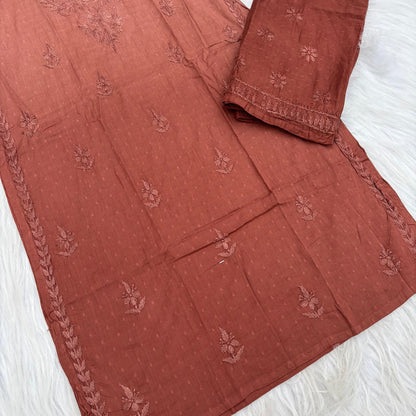 Nuha Dobby cotton Ombre shaded Lucknowi Chikankari Kurti Plazo Set - Brown Colour