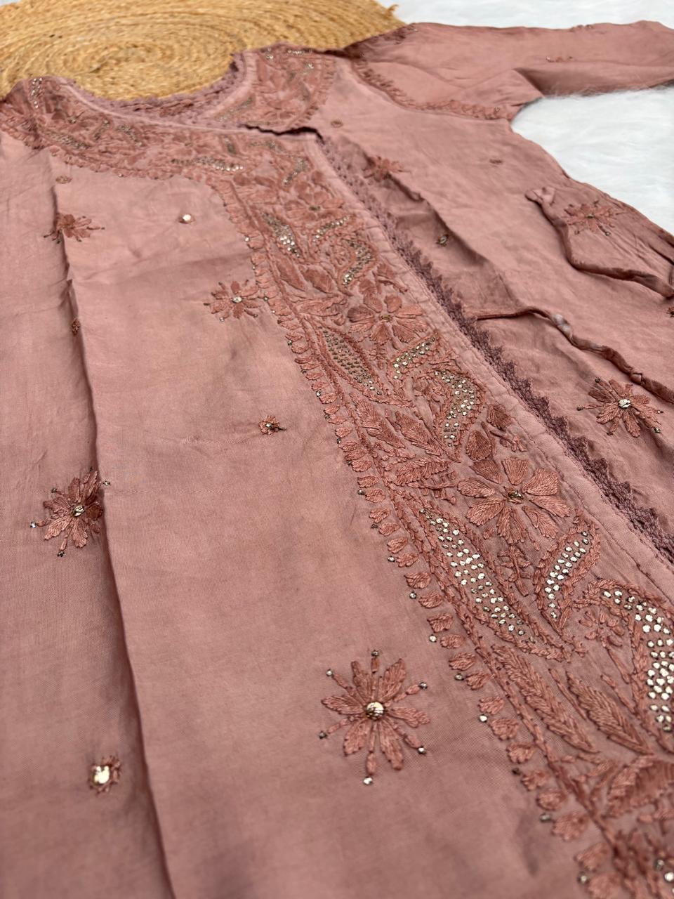 Naaz Chanderi Angrakha style Chikankari Kurti with Mukaish work - Brown Colour