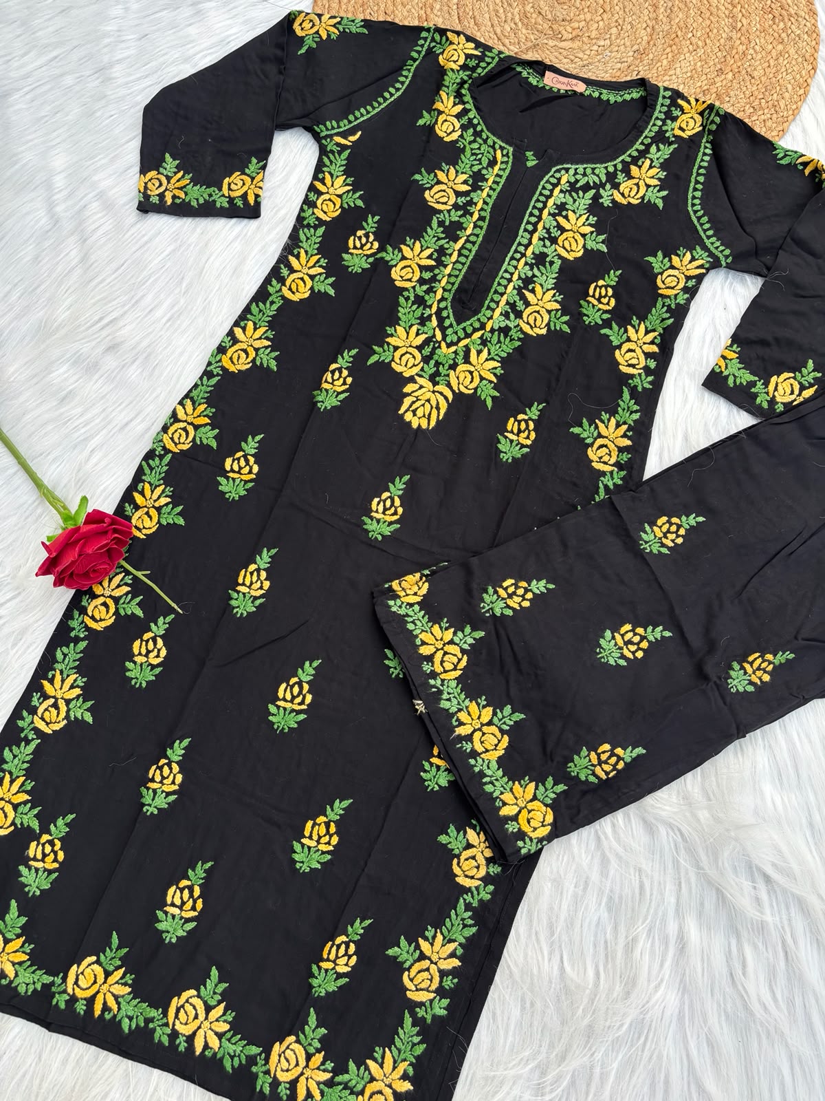 Sabah Rayon Handwork Chikankari Kurti Set - Yellow Colour