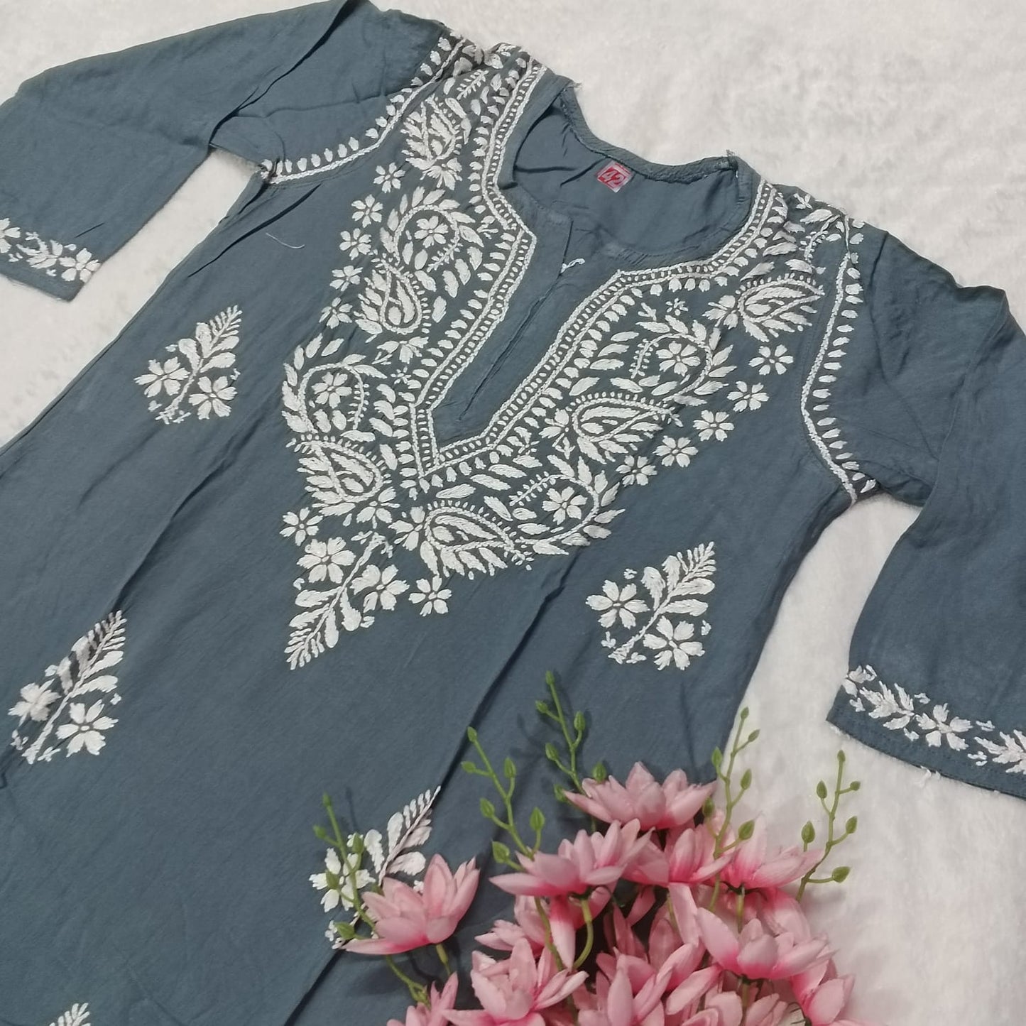 Pure Rayon Chikankari Kurti -Grey Colour