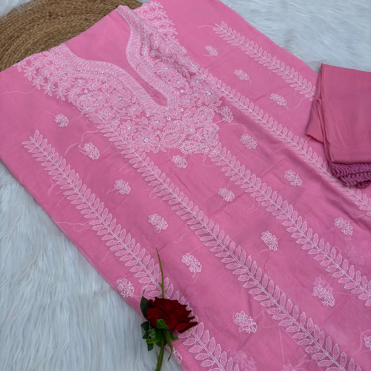 Madhuri Voile Cotton Chikankari Unstitched 3 pc set - Pink Colour