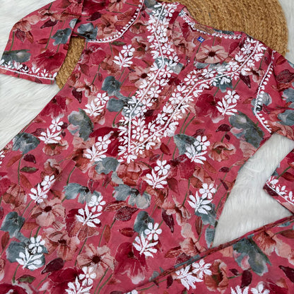 Jameela Mulmul Cotton Chikankari Kurti Set - Cherry Colour