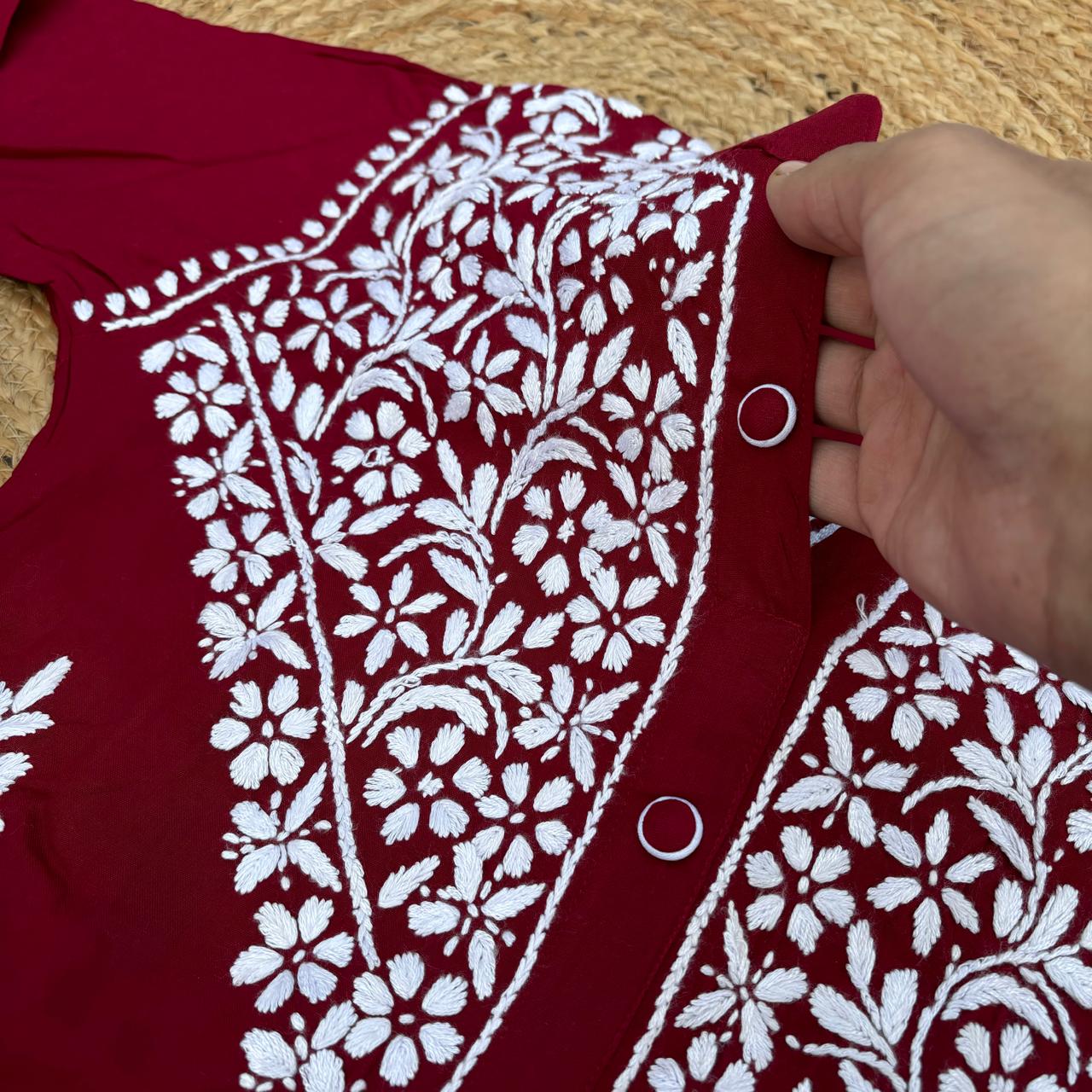 Rihana Rayon Chikankari Short Kurti Plazo Coord Set - Maroon colour