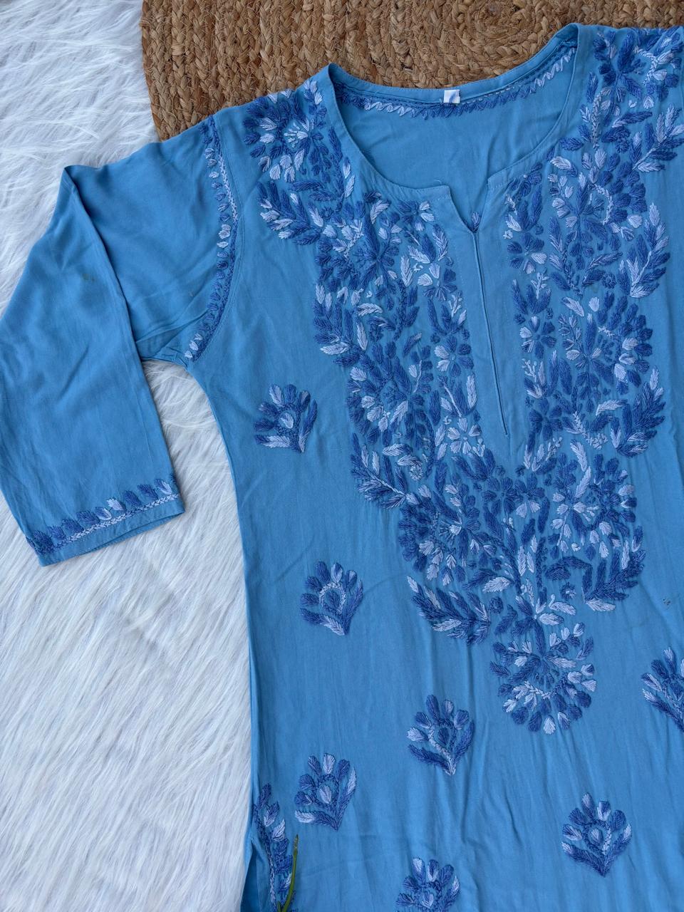 Roohi Rayon Tone To Tone Lucknowi Handwork Chikankari Kurti - Blue Color