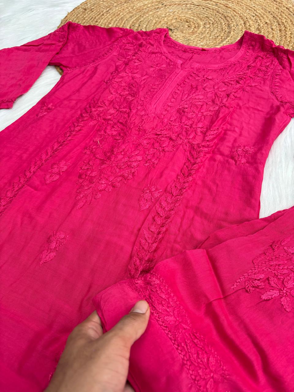 Nadia Muslin Lucknowi Chikankari Kurti Pant Set - Rani Color
