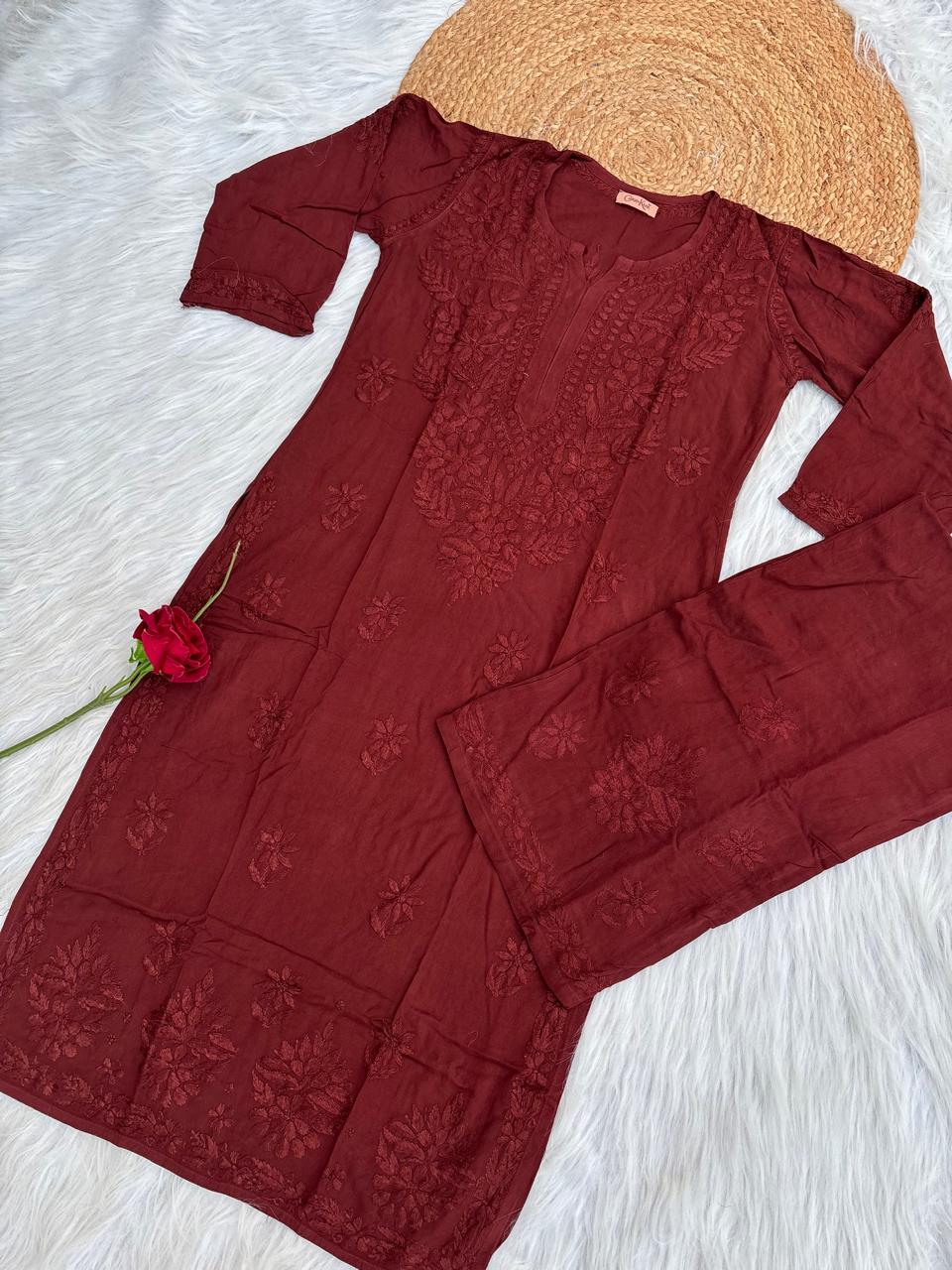 Azra Soft Rayon Dyeable Handwork Chikankari kurti Set - Brown Colour
