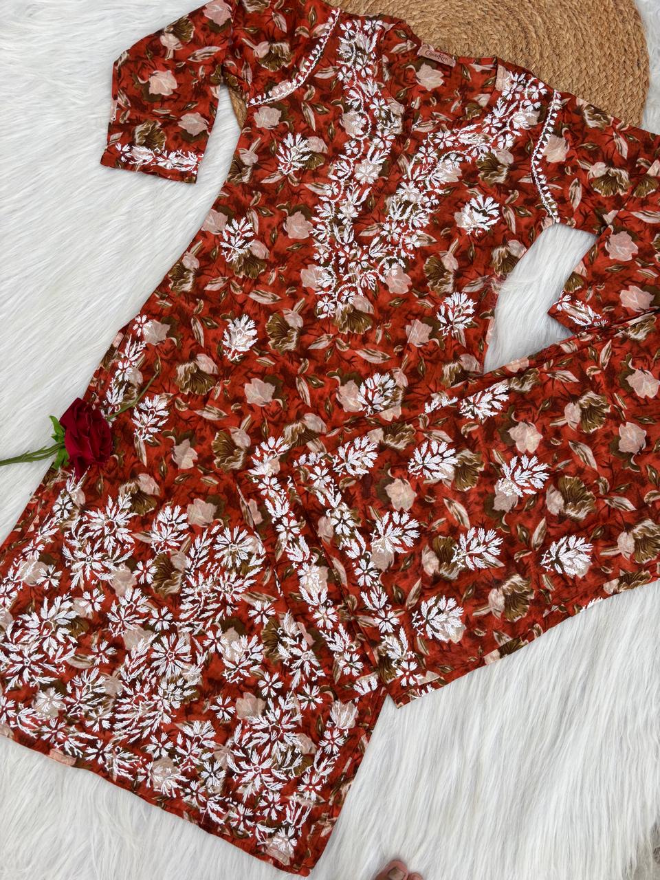 Elena Mulmul Cotton Handwork Chikankari Kurti Set - Terracotta Colour