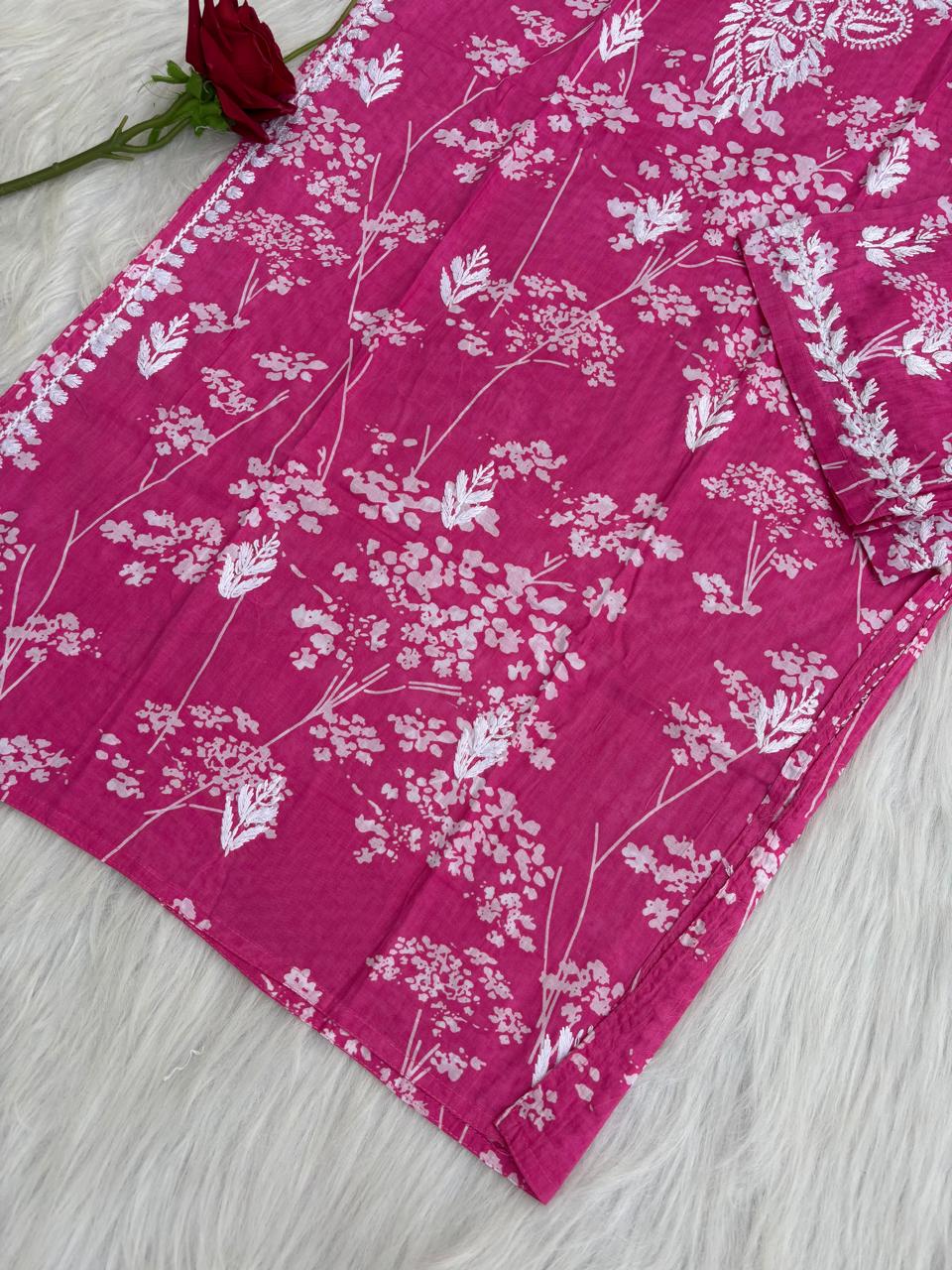 Jiya Mulmul Cotton Handwork Chikankari Kurti Set - Pink Colour