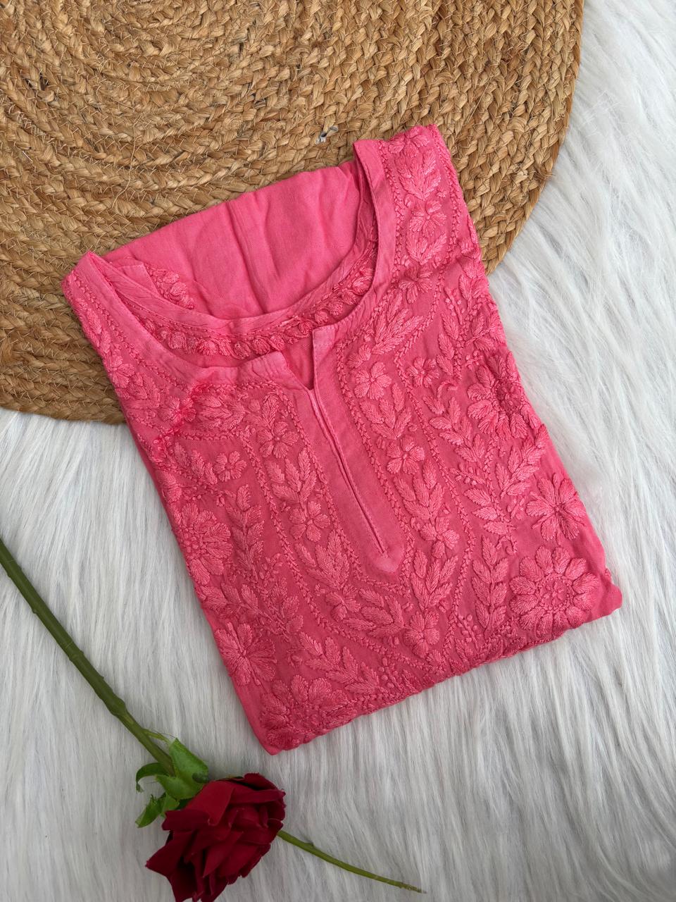 Kiara Dyeable Soft Rayon Handwork Chikankari Kurti - Gazri Colour