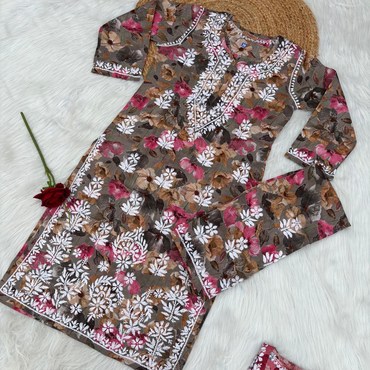 Jameela Mulmul Cotton Chikankari Kurti Set - Muted Brown Colour