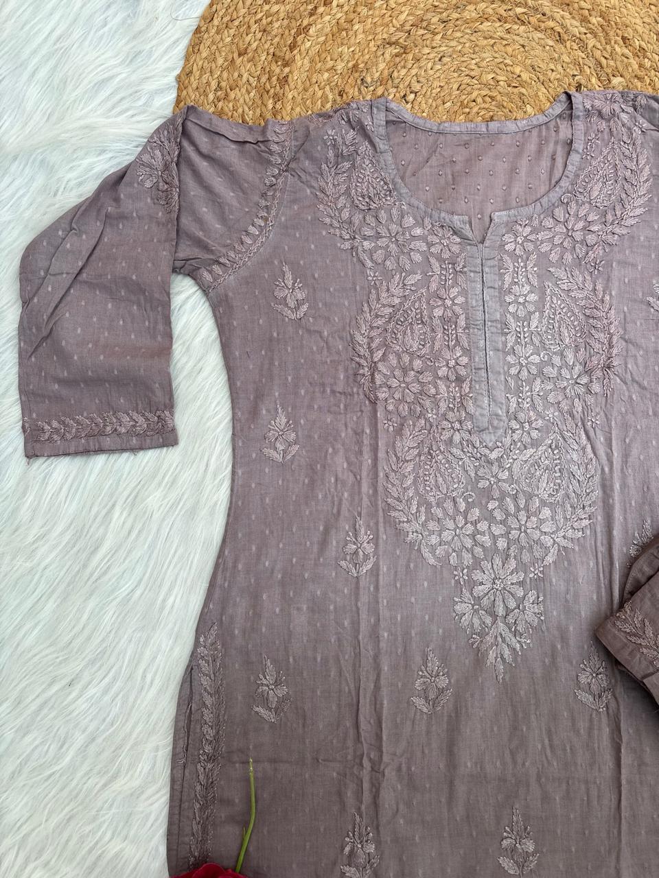 Nuha Dobby cotton Ombre shaded Lucknowi Chikankari Kurti Plazo Set - Light Brown Colour