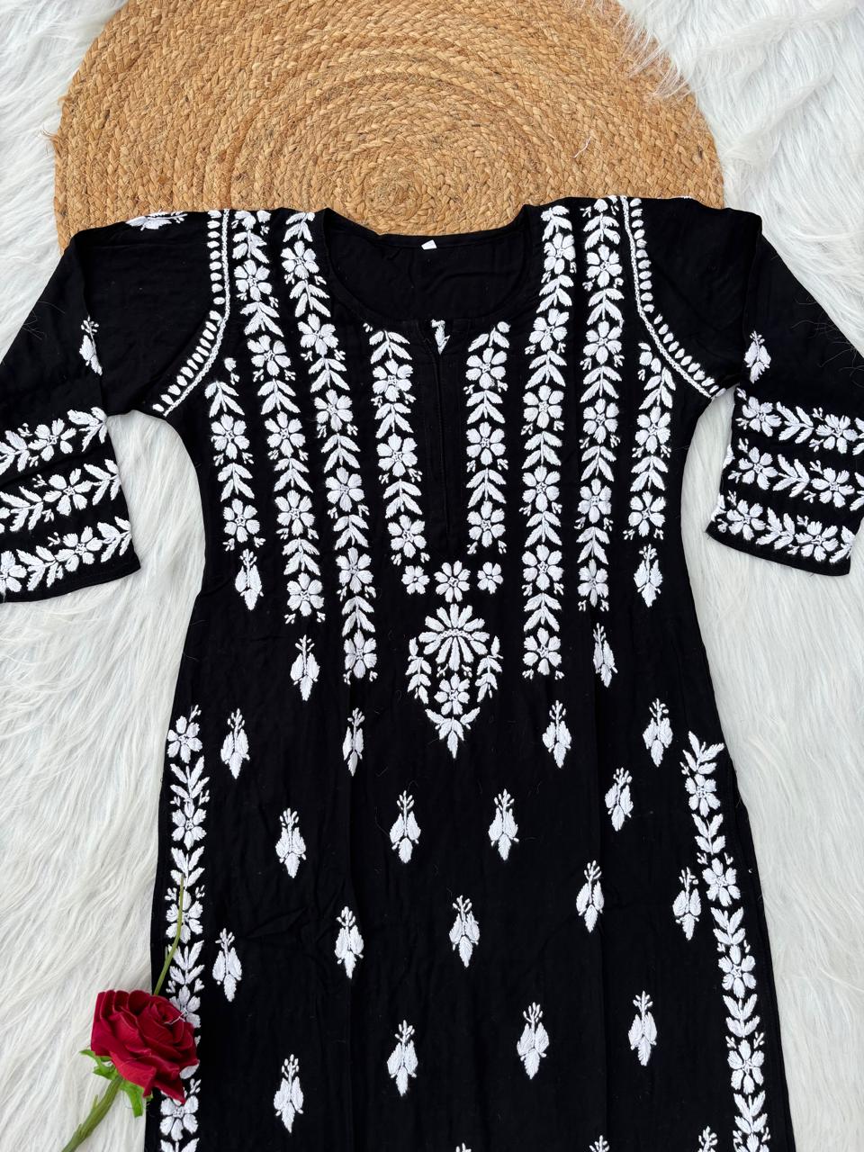 Zoobia Soft Rayon Handwork Chikankari Kurti - Black Colour