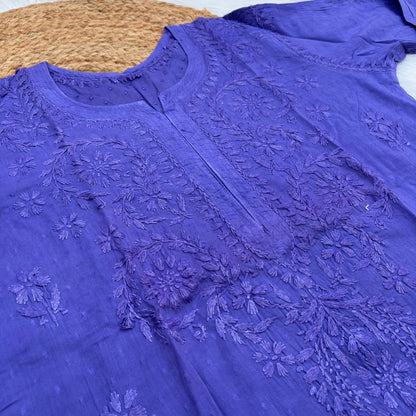 Tuba Ombre Shaded Dobby Cotton Chikankari Kurti - Purple Colour
