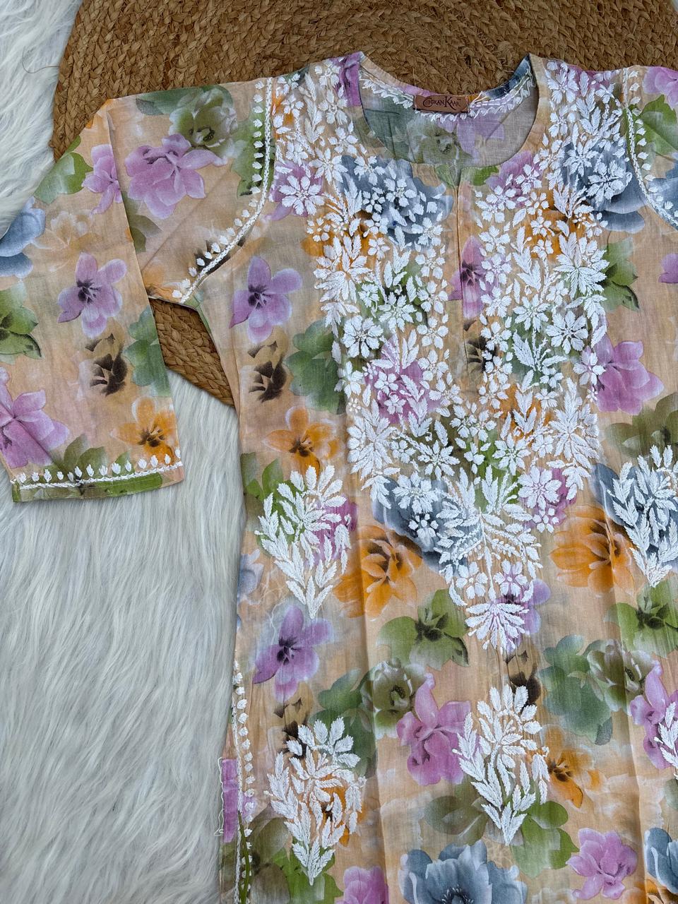 Najma Pure Mulmul Chikankari Handwork Kurti - Yellow Colour