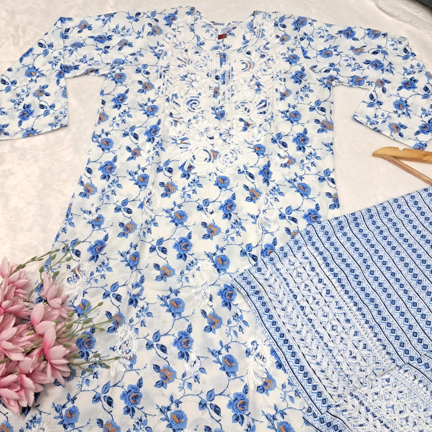 Printed Cotton Chikankari Machine Work Kurti Plazo Set -Blue Colour (Free Earrings!)