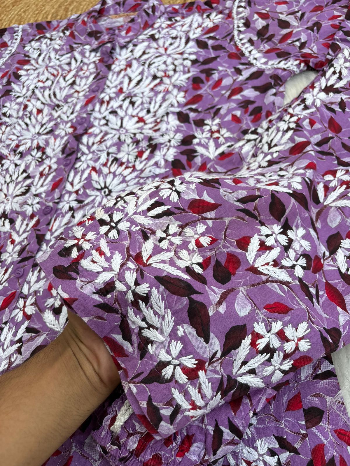 Mulmul Cotton Lucknowi Chikankari Coord Set - Lavender Colour