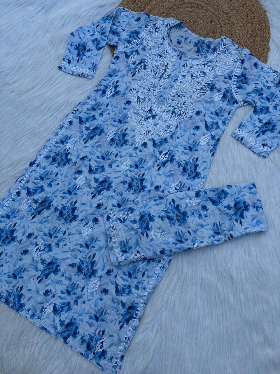 Hadaya Mulmul Cotton Chikankari Kurti Set - Blue Colour
