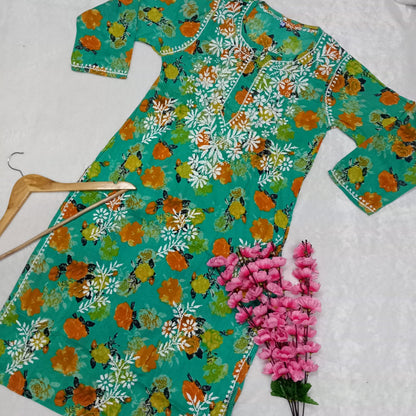 Dhanashree Inspired Mulmul Floral Printed Chikankari Handwork Kurti - Sea Green Colour