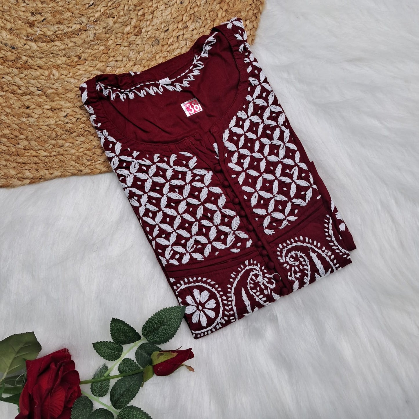 Adiva Pure Cotton Chikankari Handwork Kurti - Maroon Colour