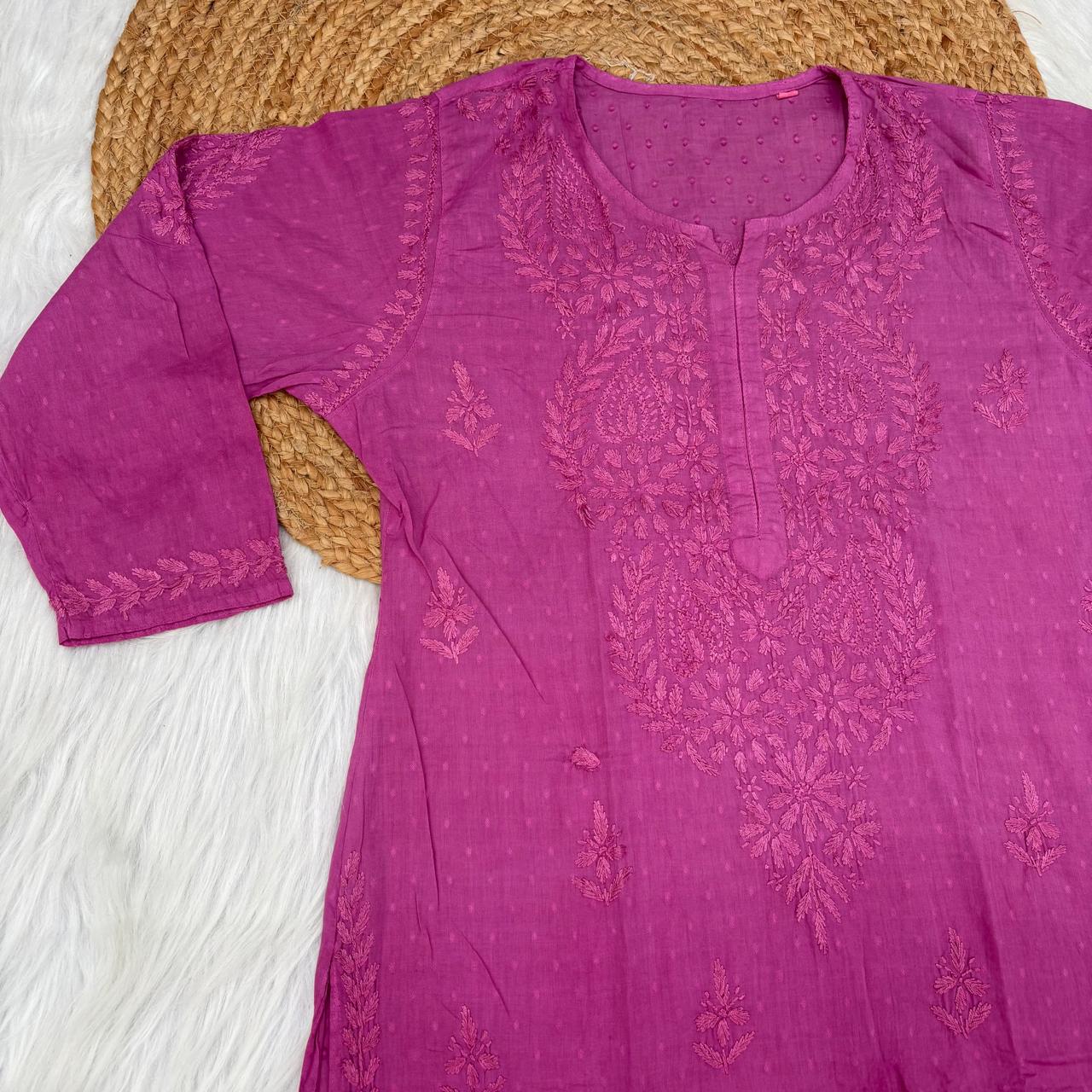 Nuha Dobby cotton Ombre shaded Lucknowi Chikankari Kurti Plazo Set - Wine Colour