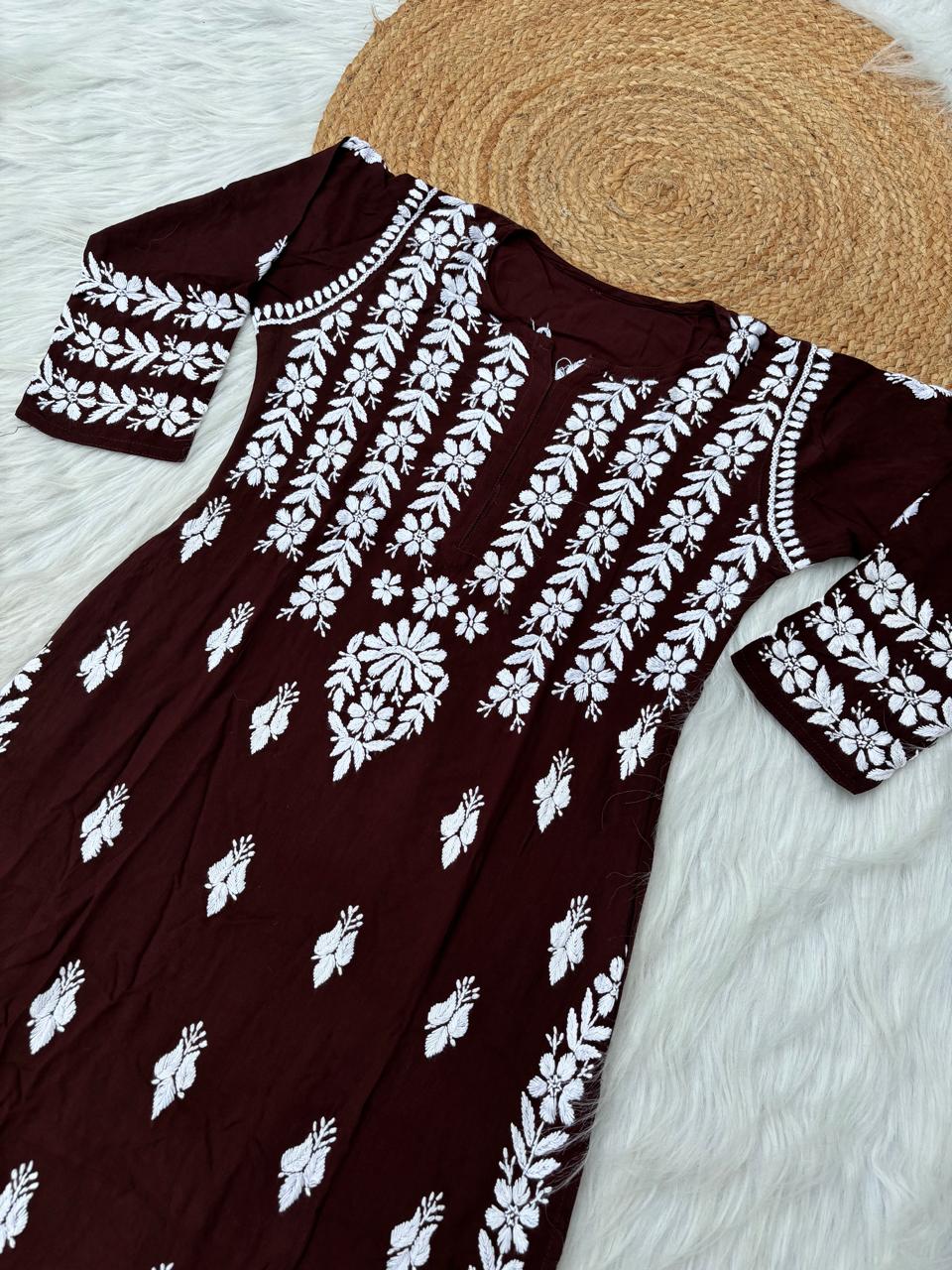 Zoobia Soft Rayon Handwork Chikankari Kurti - Brown Colour