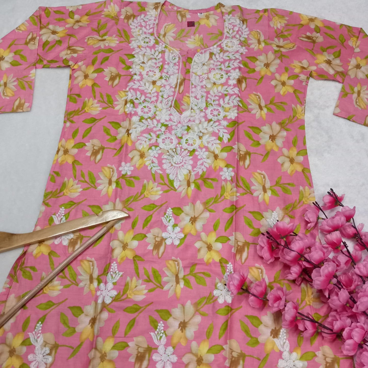 Mulmul Cotton Chikankari Machine Work Kurti -  Pink Colour