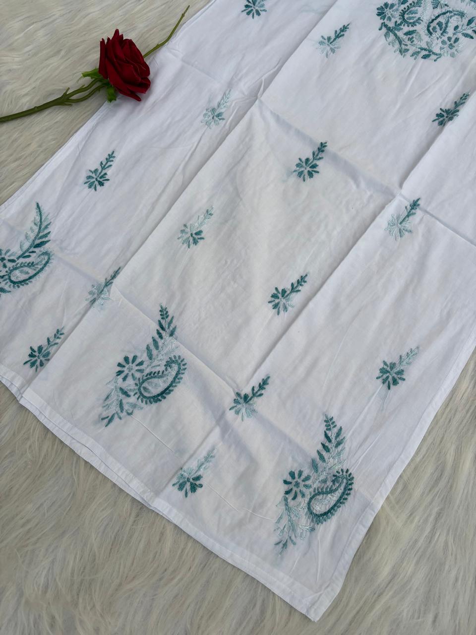 Zoya Cotton Lucknowi Handwork Chikankari Kurti - White Teal green Colour