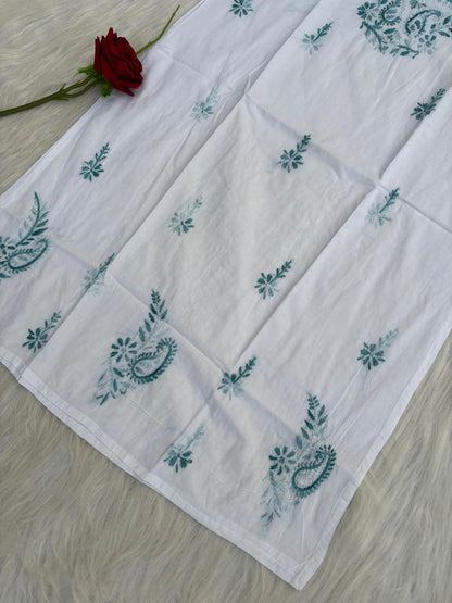 Zoya Cotton Lucknowi Handwork Chikankari Kurti - White Teal green Colour