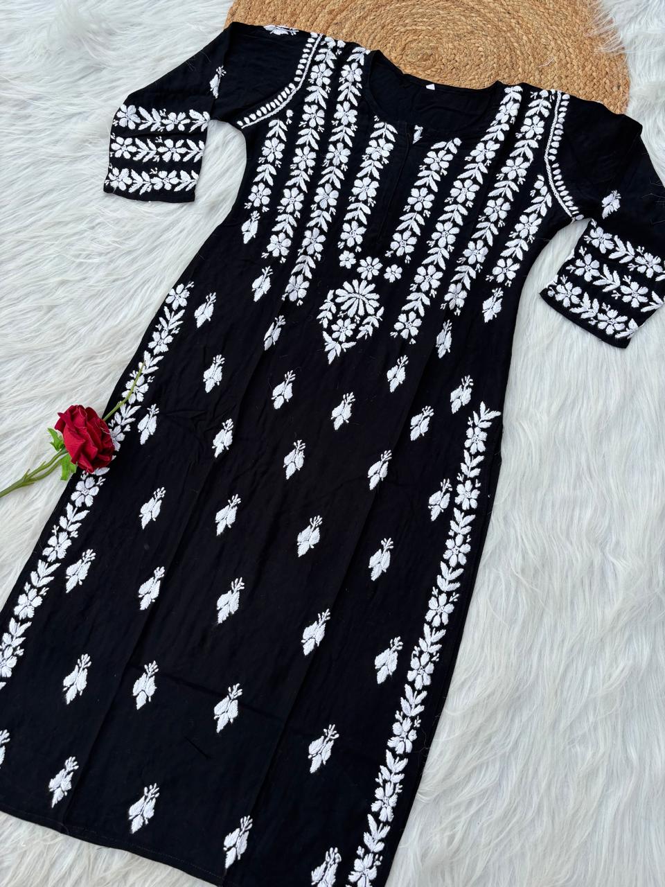 Zoobia Soft Rayon Handwork Chikankari Kurti - Black Colour