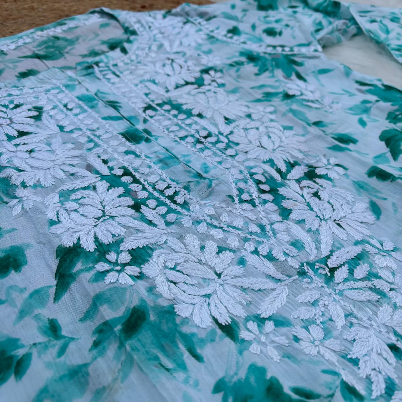 Aaliyah Mulmul Cotton Chikankari Kurti Set -Sea Green Colour