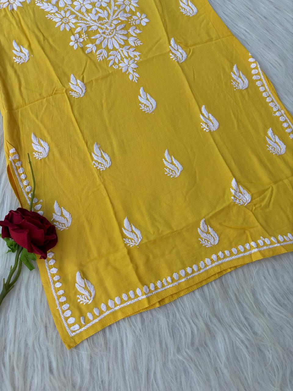 Ayla Rayon Handwork Chikankari Noodle Strap Short Kurti - Yellow colour