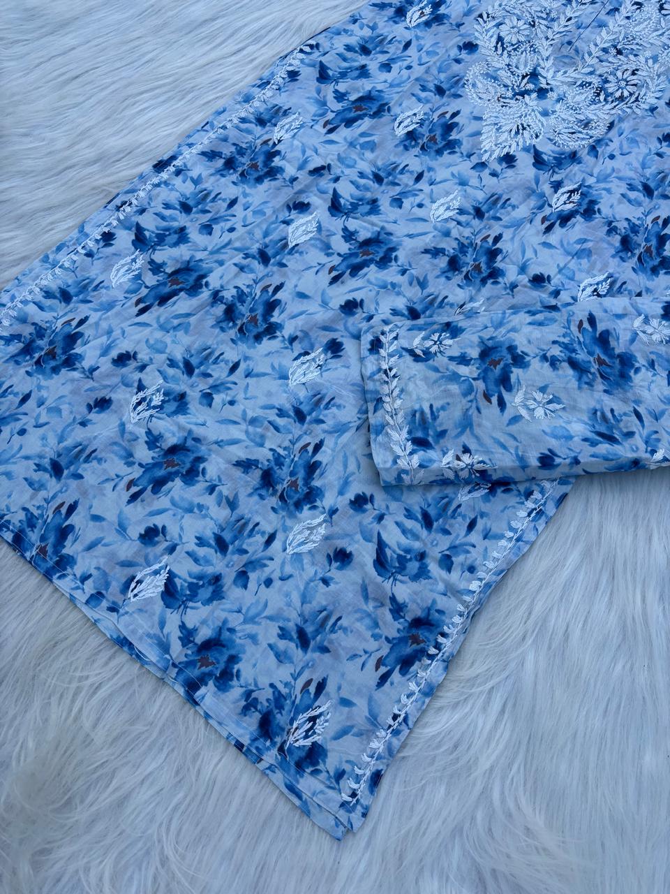 Hadaya Mulmul Cotton Chikankari Kurti Set - Blue Colour