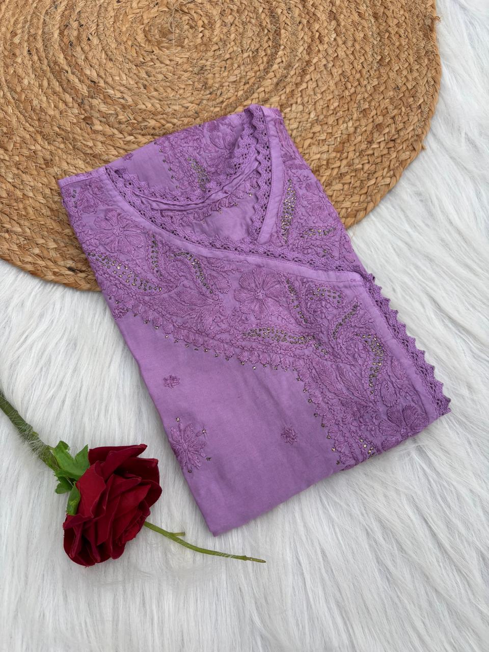 Naaz Chanderi Angrakha style Chikankari Kurti with Mukaish work - Purple Color