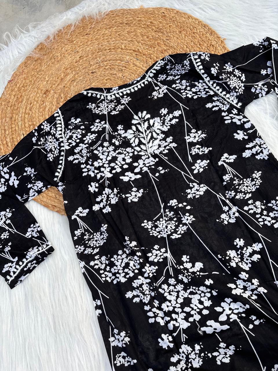 Sidra Pure Mulmul Chikankari Handwork Kurti - Black Colour