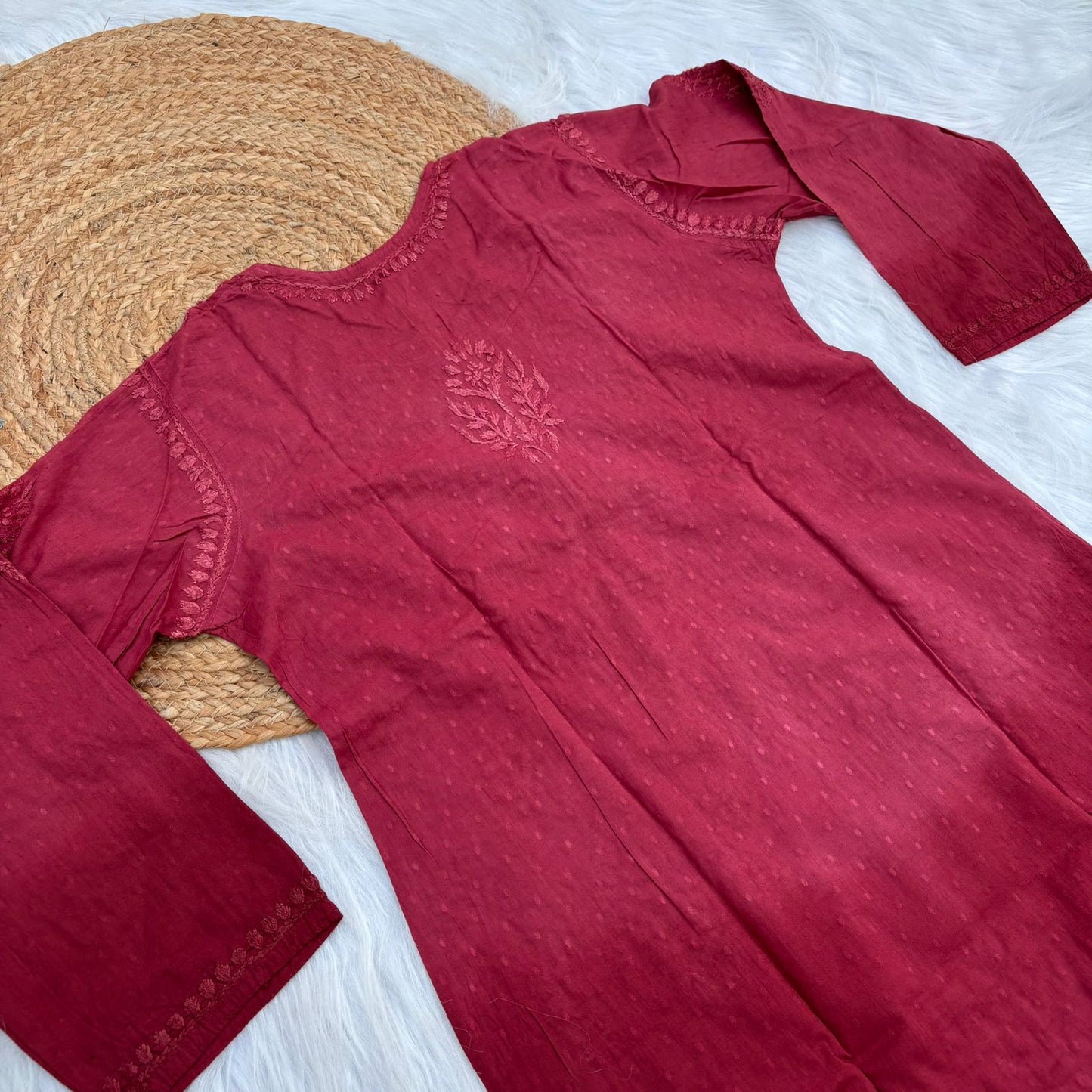 Tuba Ombre Shaded Dobby Cotton Chikankari Kurti - Brick Red Colour