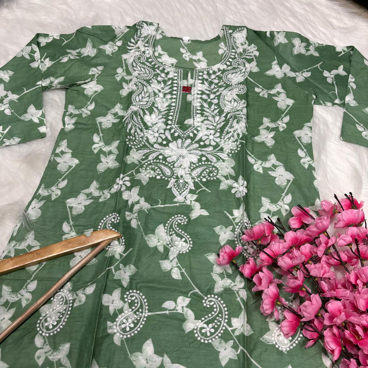 Mulmul Cotton Chikankari Machine Work Kurti -Dark Green Colour