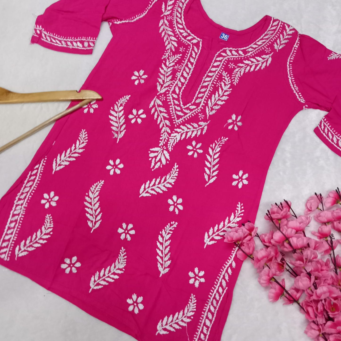 Inaya Rayon Chikankari Handwork Short Kurti -Rani colour