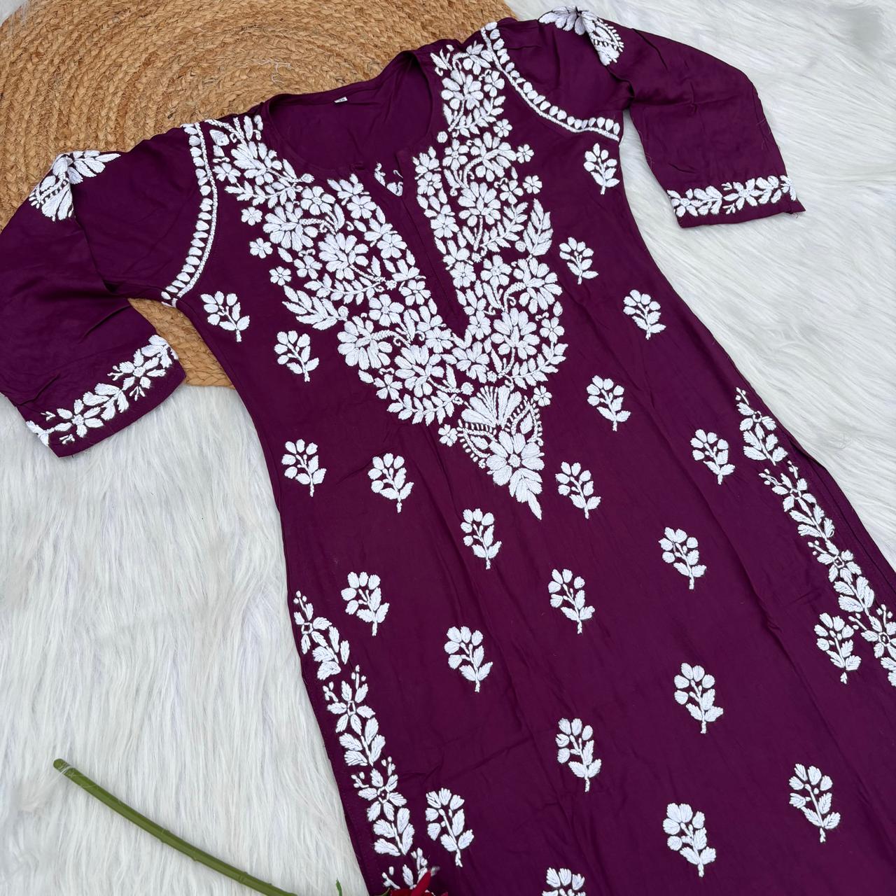 Maysa Soft Rayon Chikankari Kurti - Wine Colour