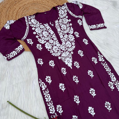 Maysa Soft Rayon Handwork Chikankari Kurti - Wine Colour
