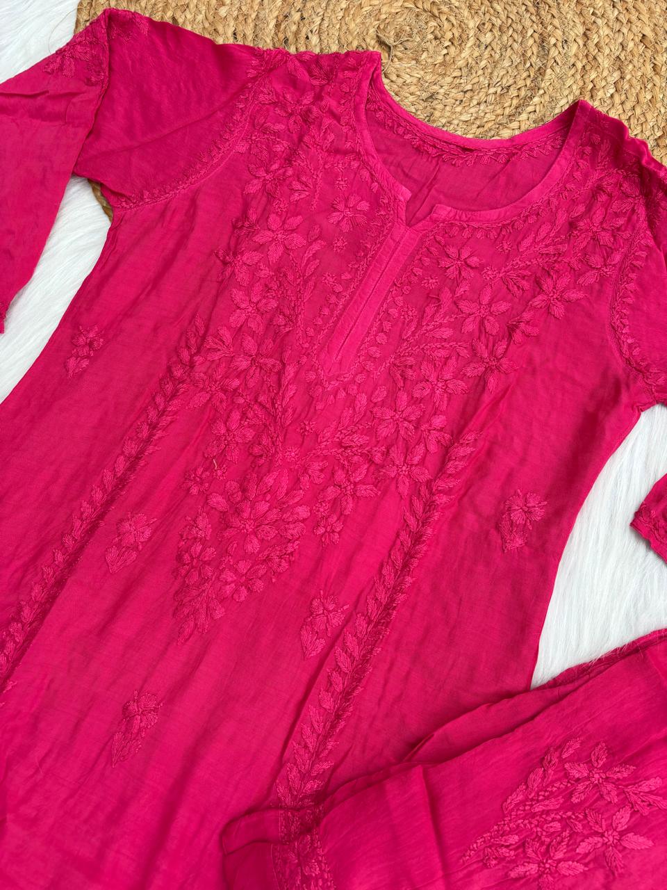 Nadia Muslin Lucknowi Chikankari Kurti Pant Set - Rani Color