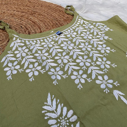 Safa Rayon Chikankari Noodle Strap Short Kurti - Pista colour (Length - 38")