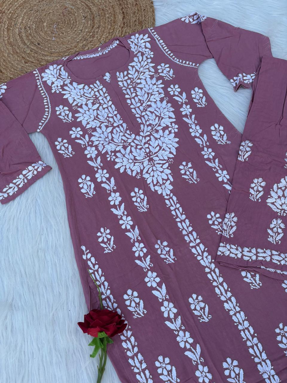 Samara Rayon Handwork Chikankari Kurti Plazo Set - Blush Colour