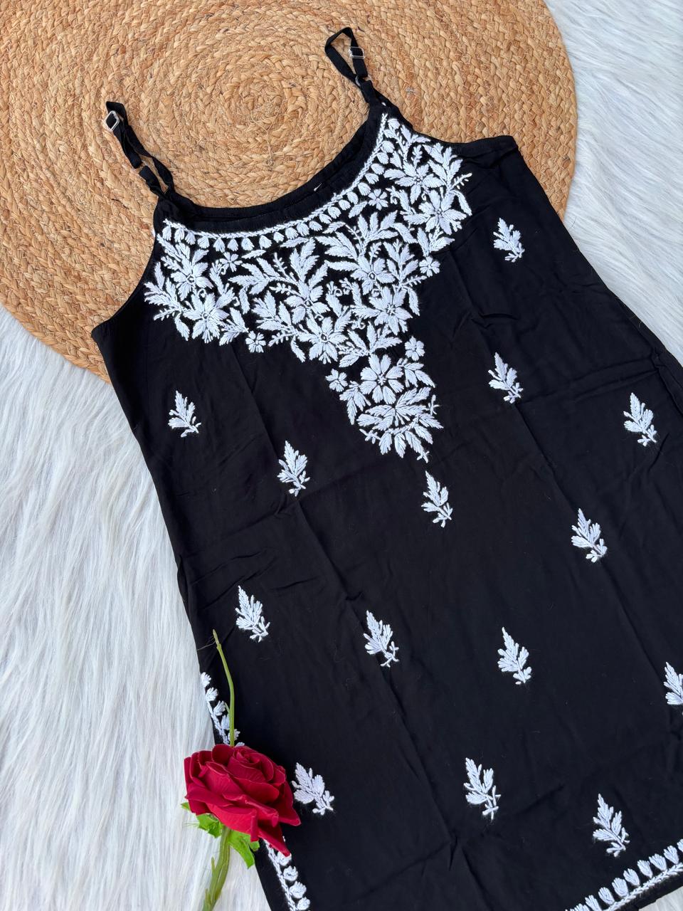 Ayla Rayon Handwork Chikankari Noodle Strap Short Kurti - Black Colour