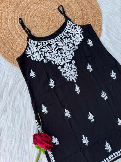 Ayla Rayon Handwork Chikankari Noodle Strap Short Kurti - Black Colour