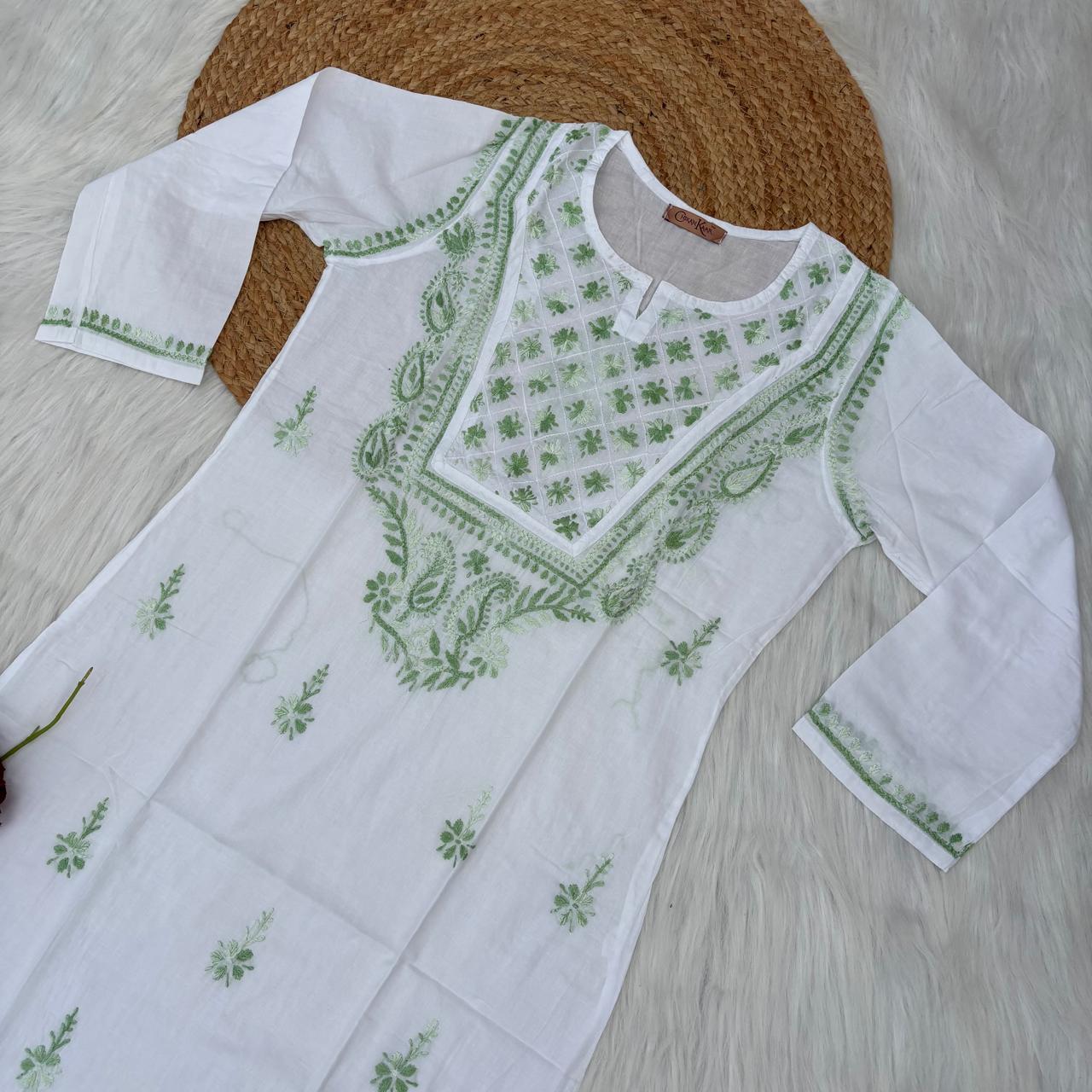 Zoya Cotton Lucknowi Chikankari Kurti - Parrot Green Color