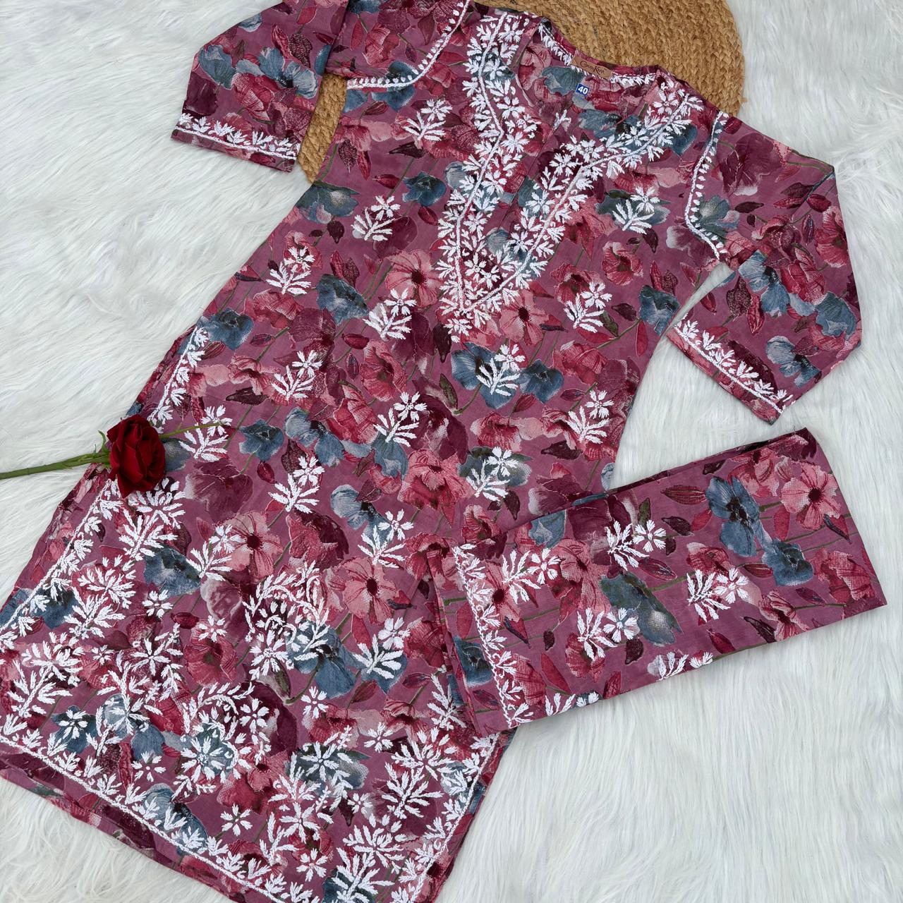 Jameela Mulmul Cotton Chikankari Kurti Set - Mauve Colour