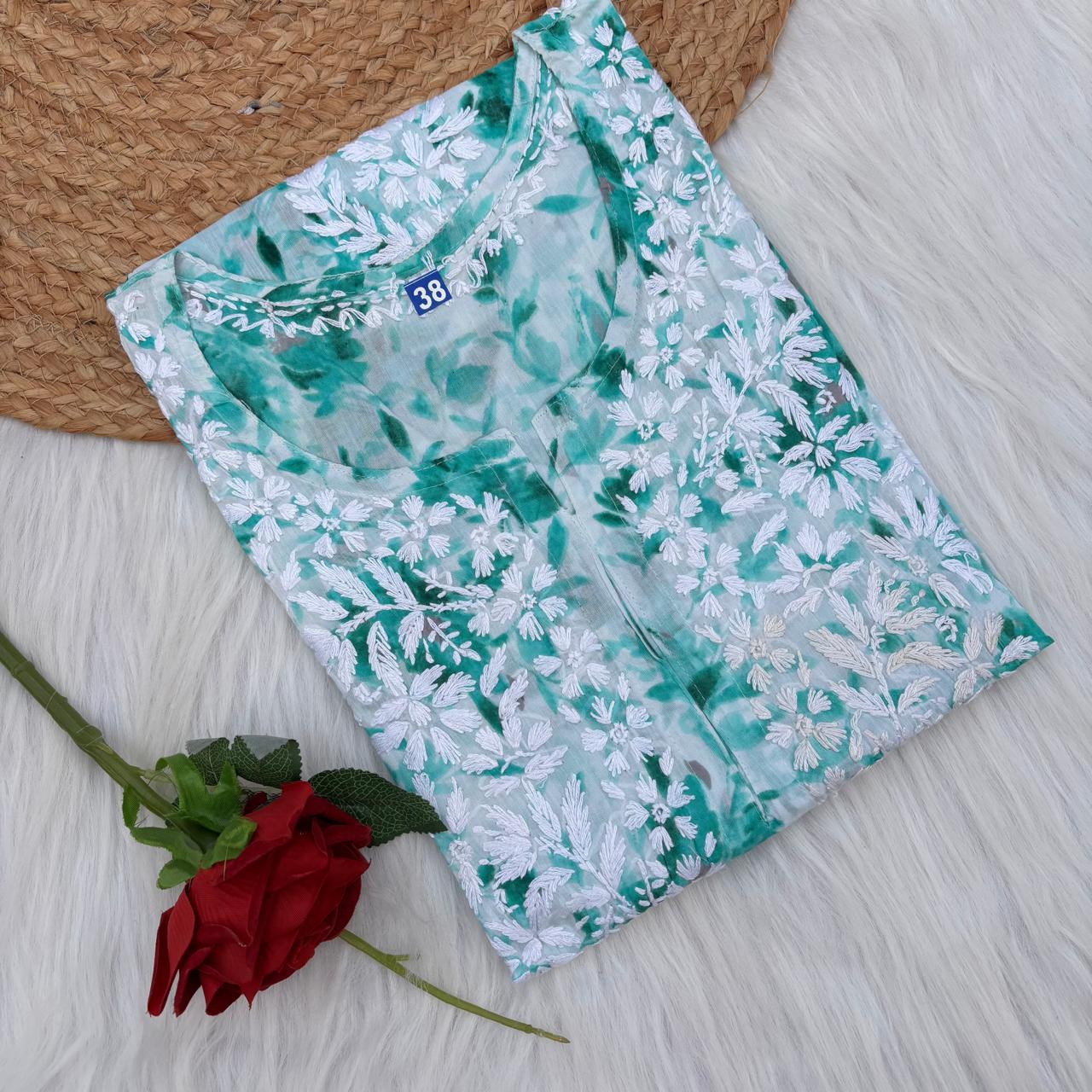 Amara Pure Mulmul Chikankari  Handwork Kurti -Sea Green Colour